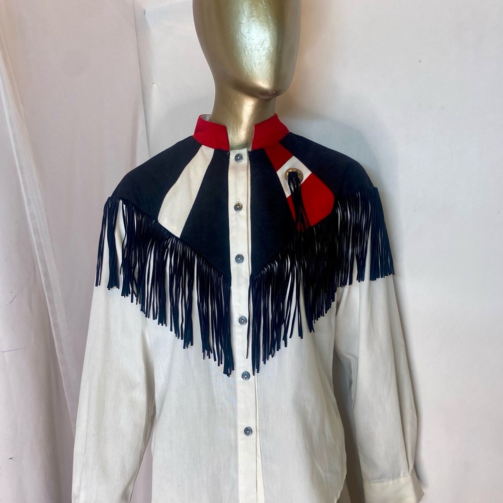 White Button-Down Fringe Western Shirt with Red & Navy Accents